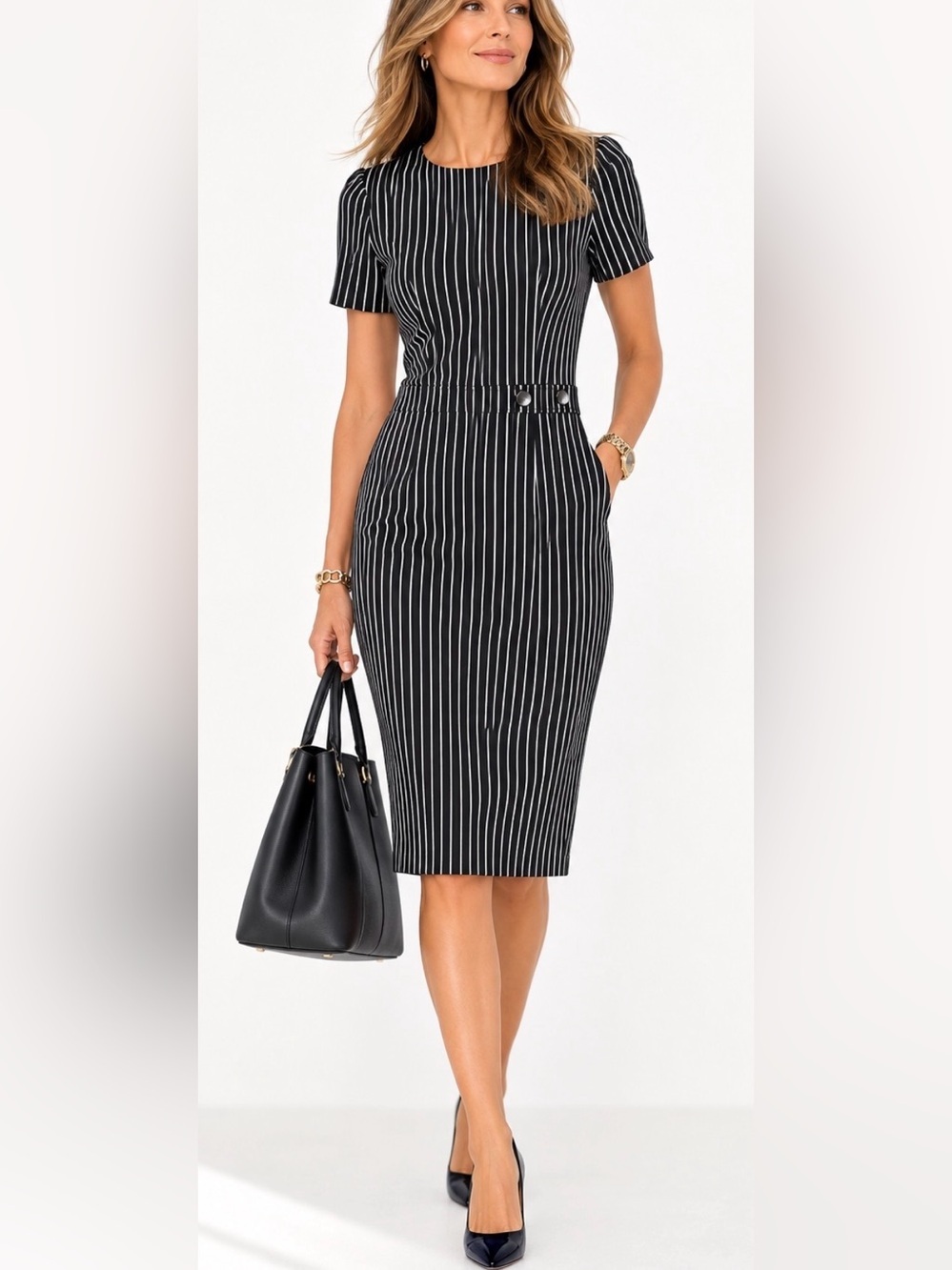 Banana Republic Sloan Pinstripe Sheath Dress Size 2 Black White Bi-Stretch Midi